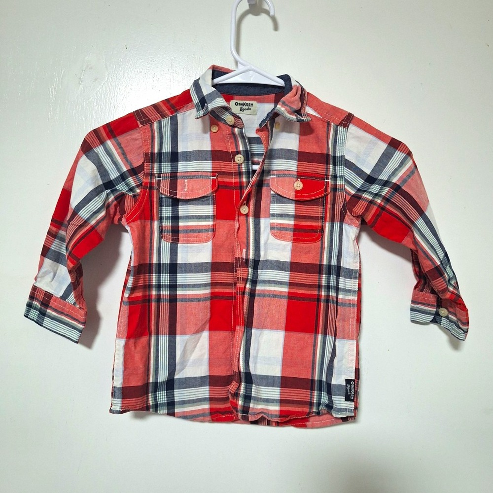 OshKosh B'gosh Boys Plaid Button Front Shirt Red White Blue 3T Long Sleeve